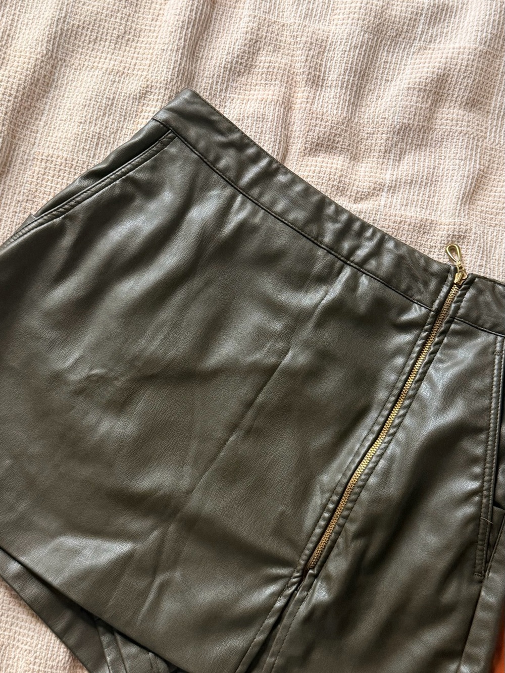 Zara Olive Faux Leather Skort with Gold Zip Detail